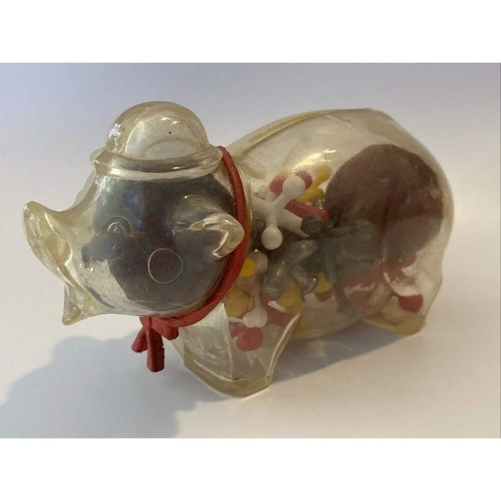 Vintage Plastic Piggy Bank Full Of Jacks Game 2 Bouncy Balls Pick Up Jacks Old